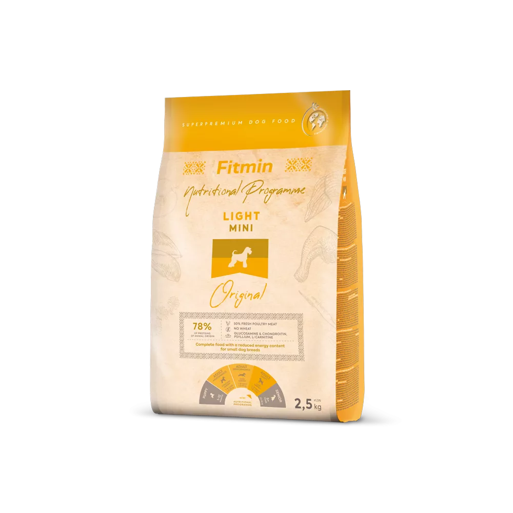 Super-premium food for adult dogs of small breeds, with a reduced energy content