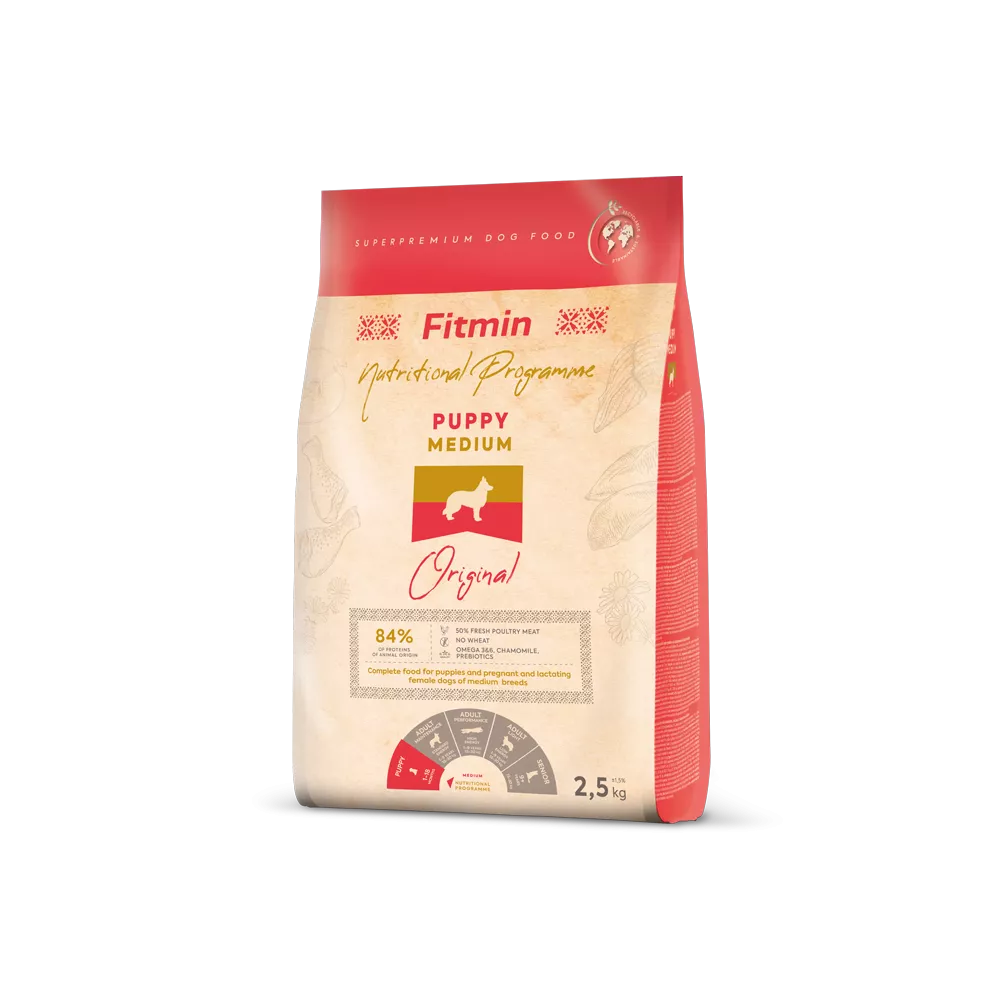 Super-premium food for puppies of medium breeds, 2-12 months of age, pregnant and nursing dogs, with a high content of meat and eggs